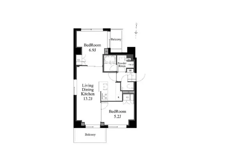 2LDKの間取り図、バルコニー付きの居住スペース、リビングダイニングキッチンと2つのベッドルームを備えたシンプルでモダンなデザイン