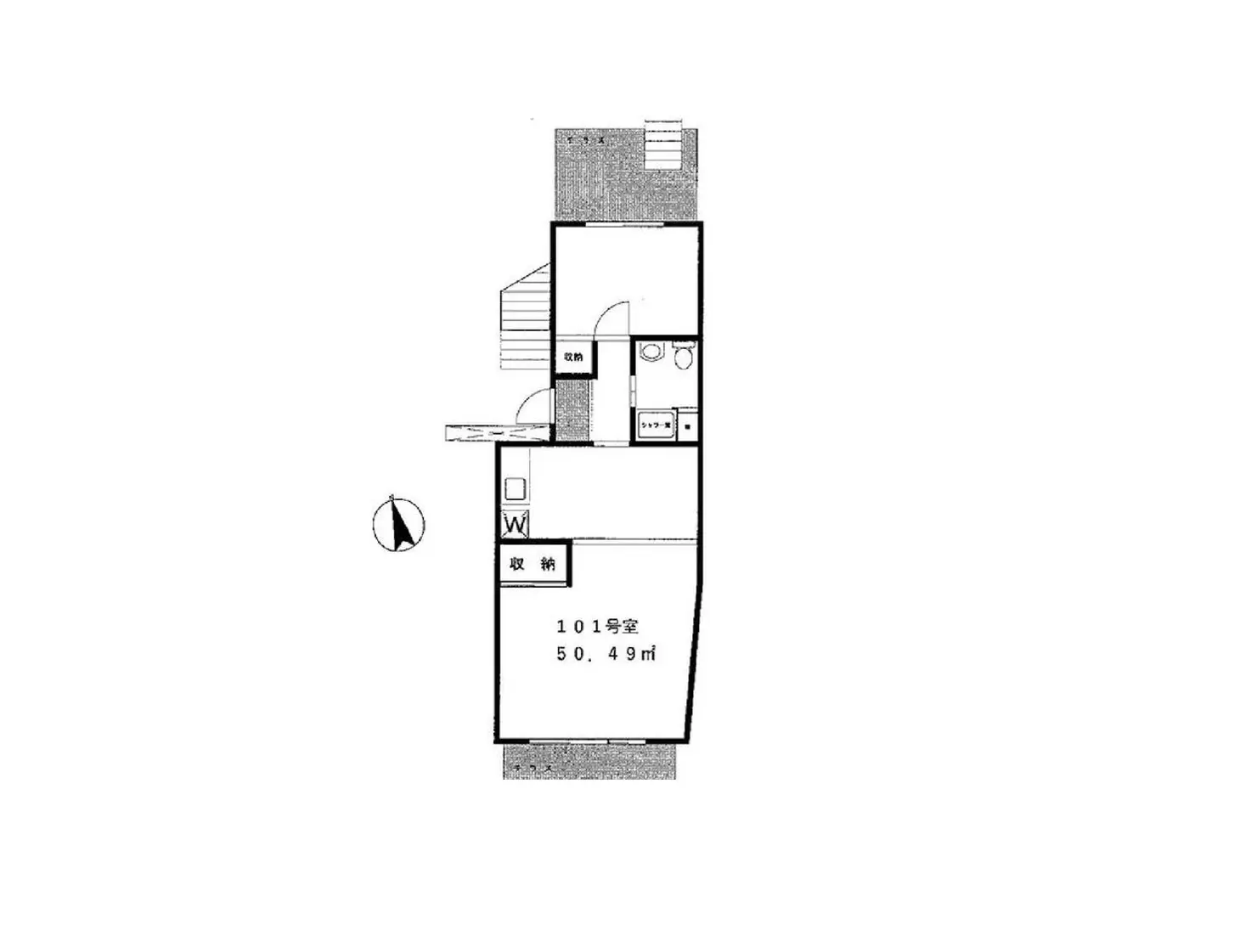 単純な間取り図、10.1畳の広さの部屋、キッチンとバスルームが含まれるアパートの設計図