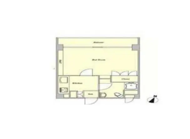 住宅の間取り図、リビングルーム、キッチン、ベッドルームを示したシンプルな設計図