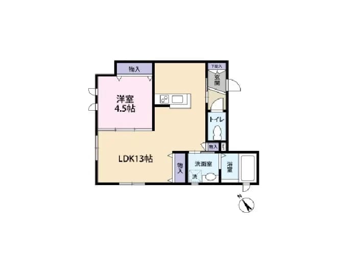 コンパクトな間取り図、LDK13帖に横長の窓、別の部屋4.5帖とバス・トイレ別の配置