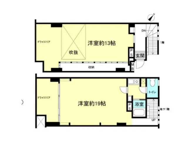住宅の間取り図、2階建てのプラン、リビング、ダイニング、キッチン、浴室が記載された設計図