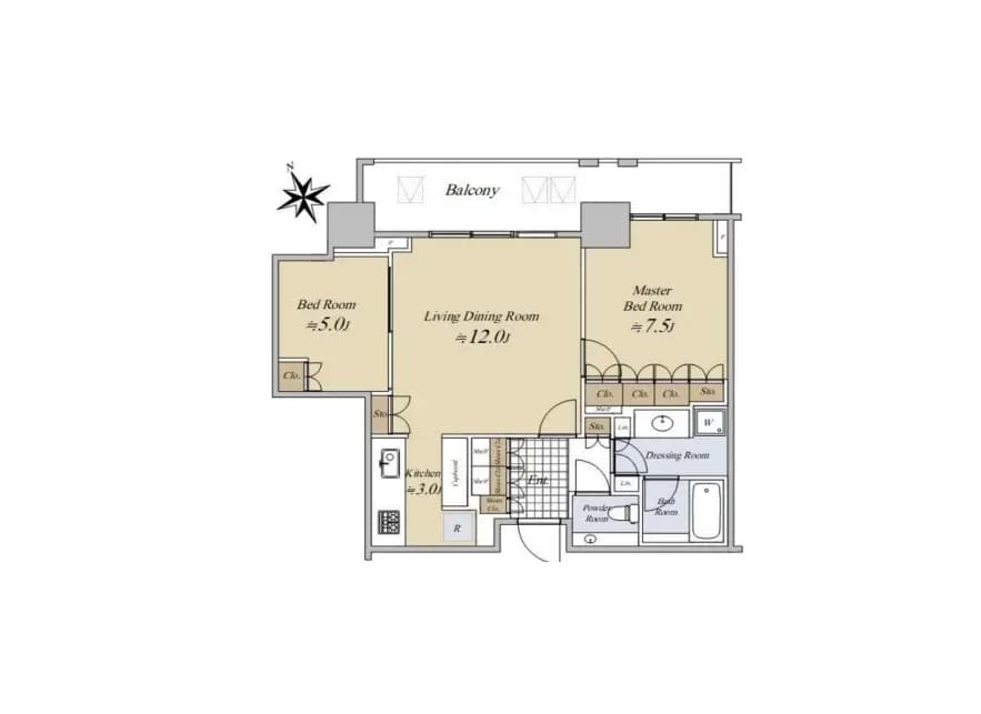 広々とした間取りのマンションプラン、バルコニー付きのリビングダイニングとマスターベッドルーム、追加の寝室と収納スペースがある家の設計図