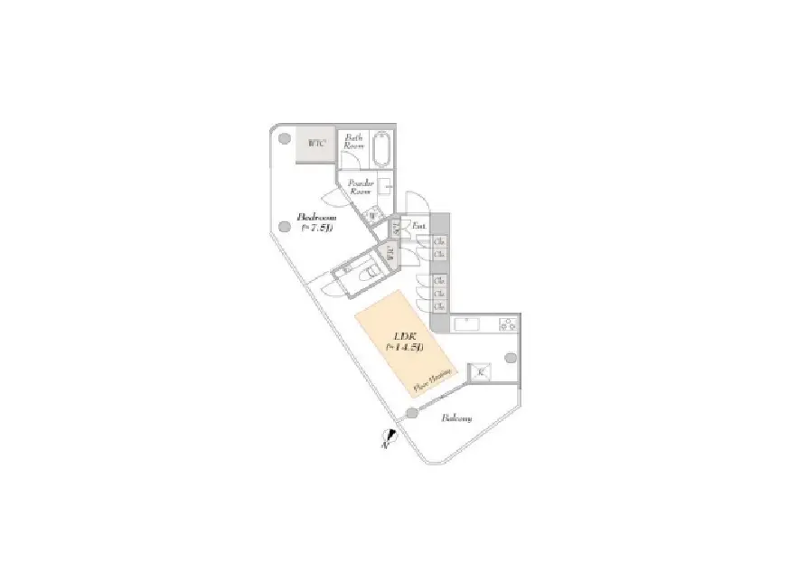 間取り図としてのシンプルなデザインのアパート、ベッドルーム、リビングダイニングキッチン、浴室とトイレが含まれるフロアプラン