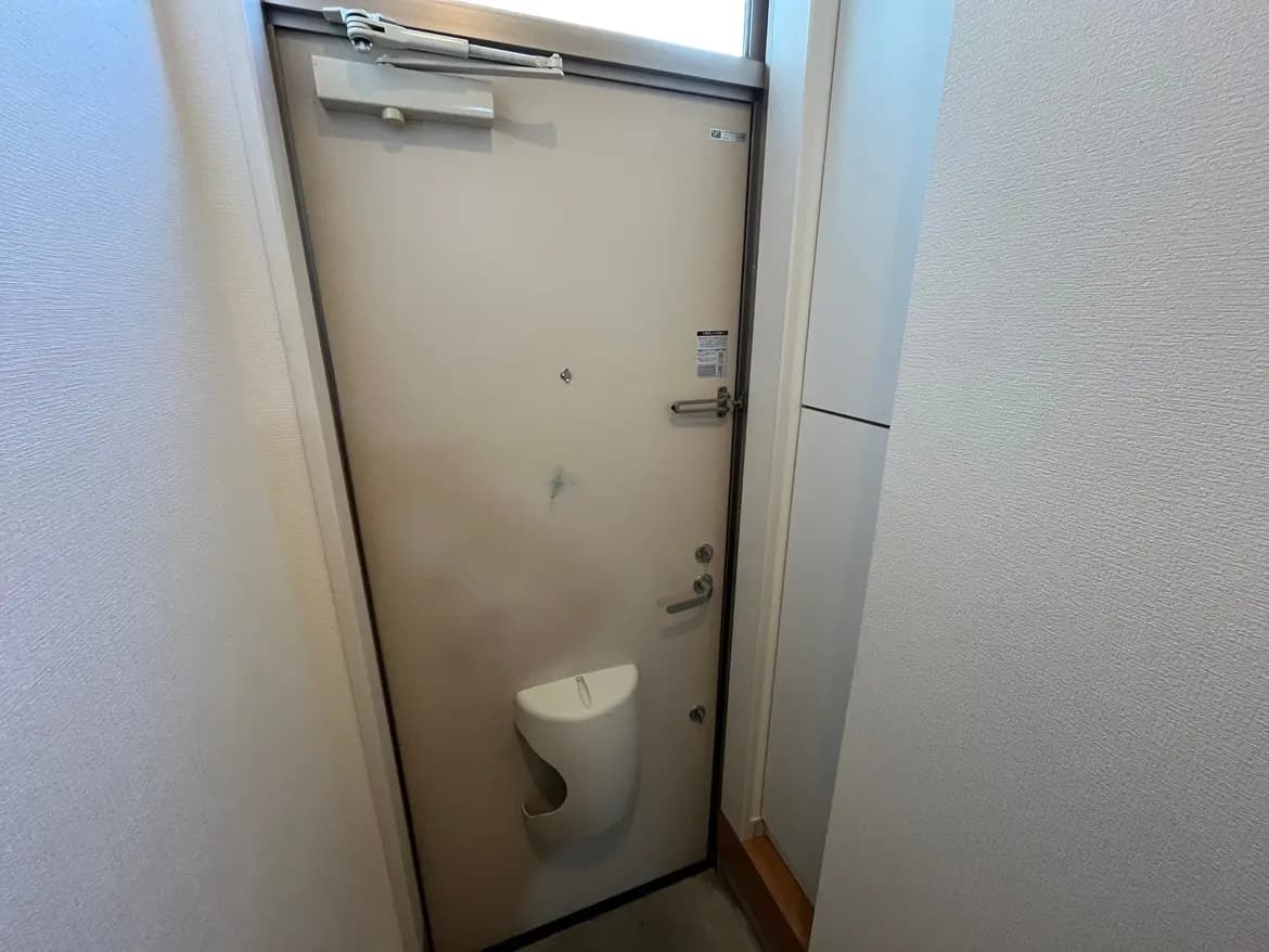 室内のドア、マットなガラスとレバーハンドル、トイレットペーパーホルダーが見えるデザイン