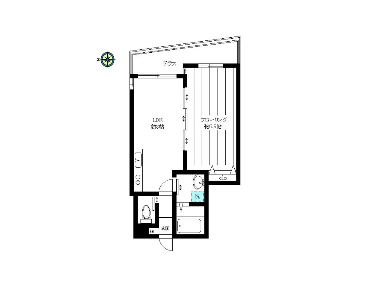 住宅の間取り図、北向き、バルコニー付きワンルームアパートメント、キッチンとバスルーム完備