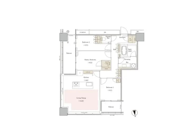 3LDKの間取り図、マスターベッドルームにアンスイートバスルームとウォークインクローゼットが付いた家の設計図