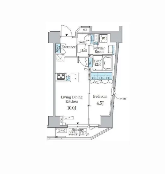 機能的な間取り図、バルコニー付きのリビングダイニングキッチンと独立した洋室、バスルームやトイレの配置が確認できるアパートの平面図