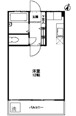 12畳の広々としたワンルームアパートの間取り図、キッチンとバスルーム付き