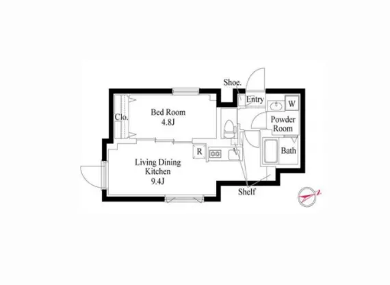 間取り図、リビングダイニングキッチン9.4畳、ベッドルーム4.8畳、収納スペース、玄関とバスルーム付きのモダンなアパートメントデザイン