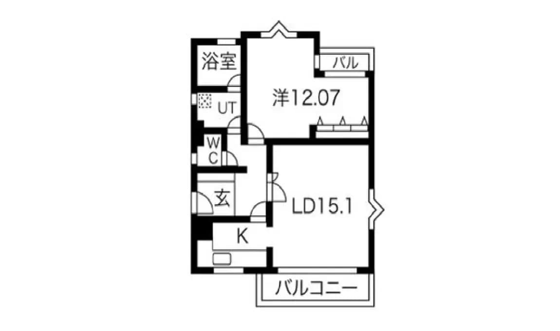 清潔でシンプルな間取り図、LDK15.1帖、バルコニー付きのアパートプラン