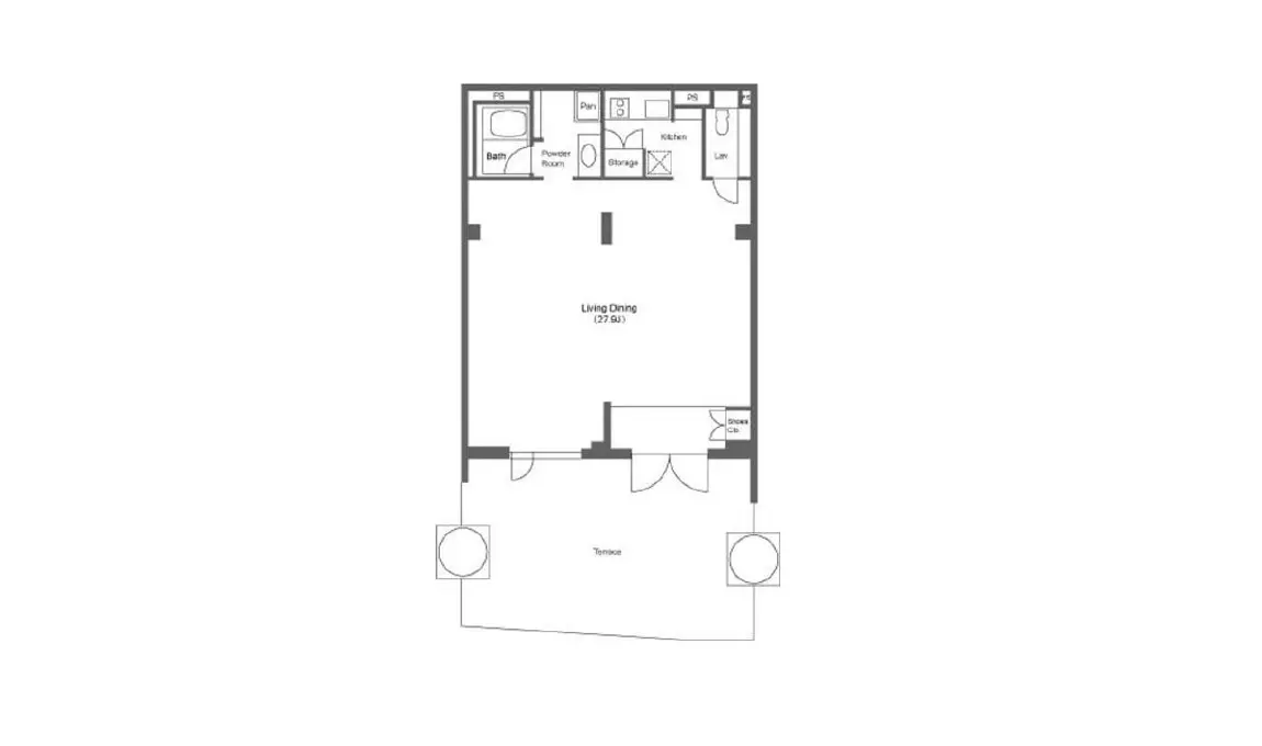 二階建て住宅のシンプルな間取り図、リビングダイニングとキッチン、浴室、トイレが含まれるデザイン