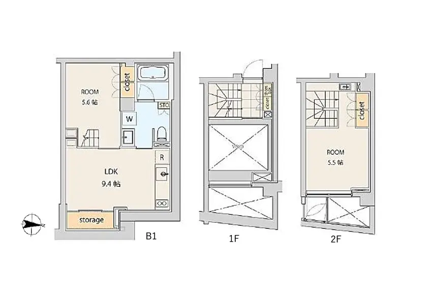 3階建ての家の間取り図、地下1階にLDKと収納スペース、1階と2階にそれぞれ個室