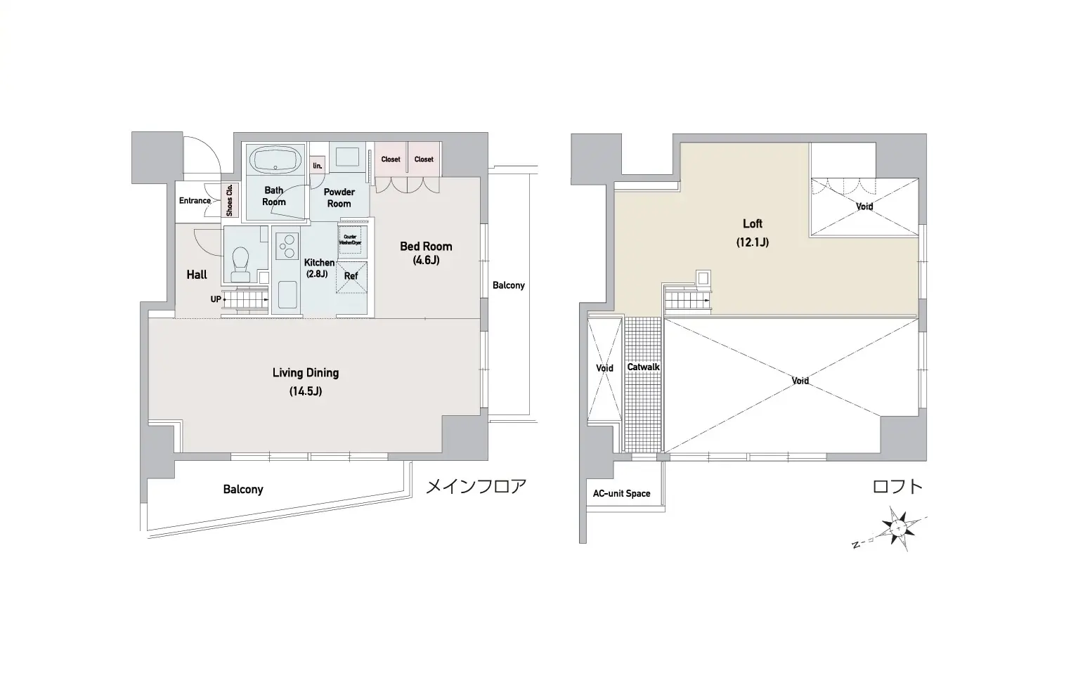 モダンなアパートの間取り図、リビングダイニング、キッチン、ベッドルーム、ロフト付き