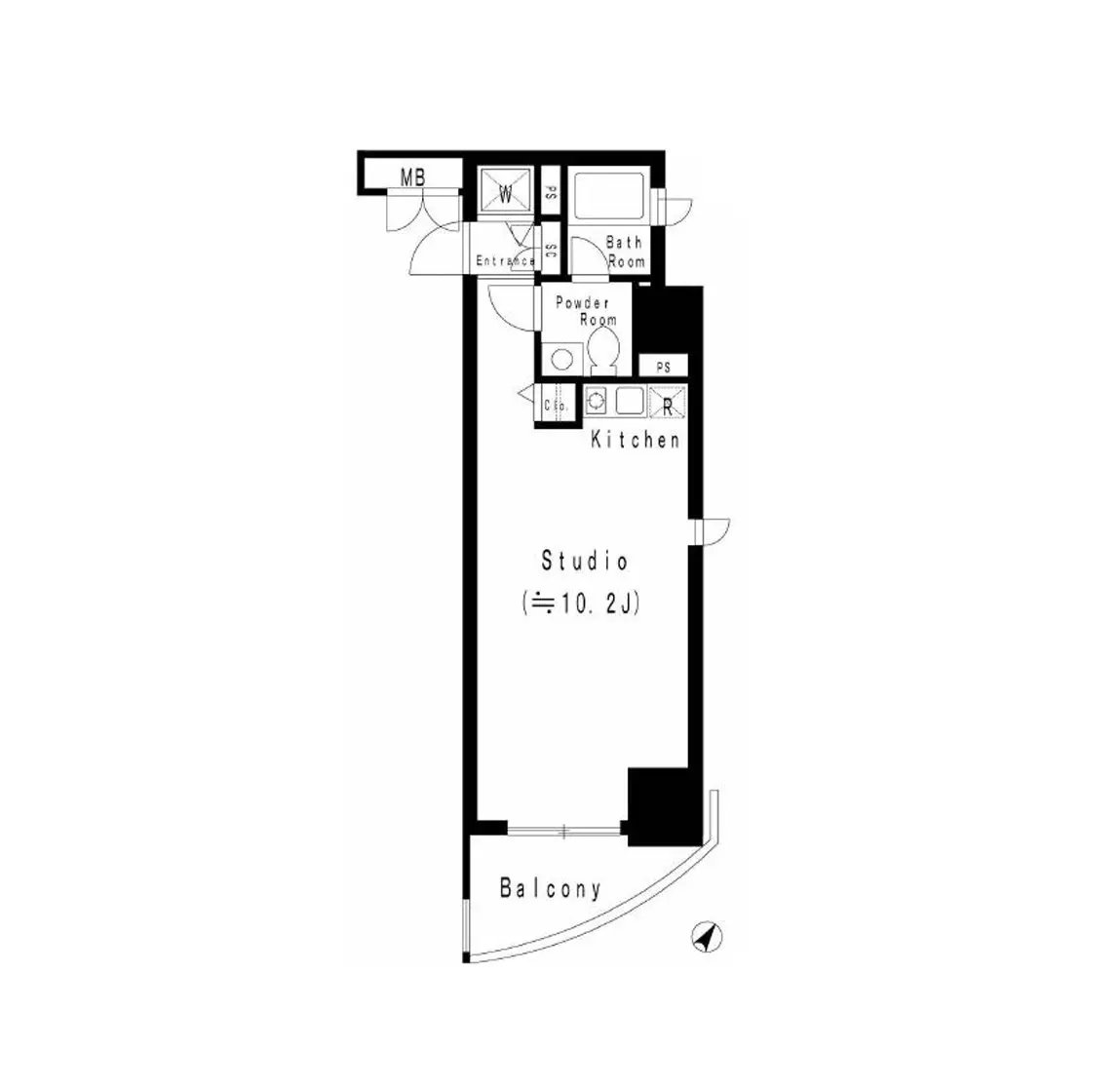 シンプルな間取り図、スタジオアパートメントのレイアウト、バルコニー付き