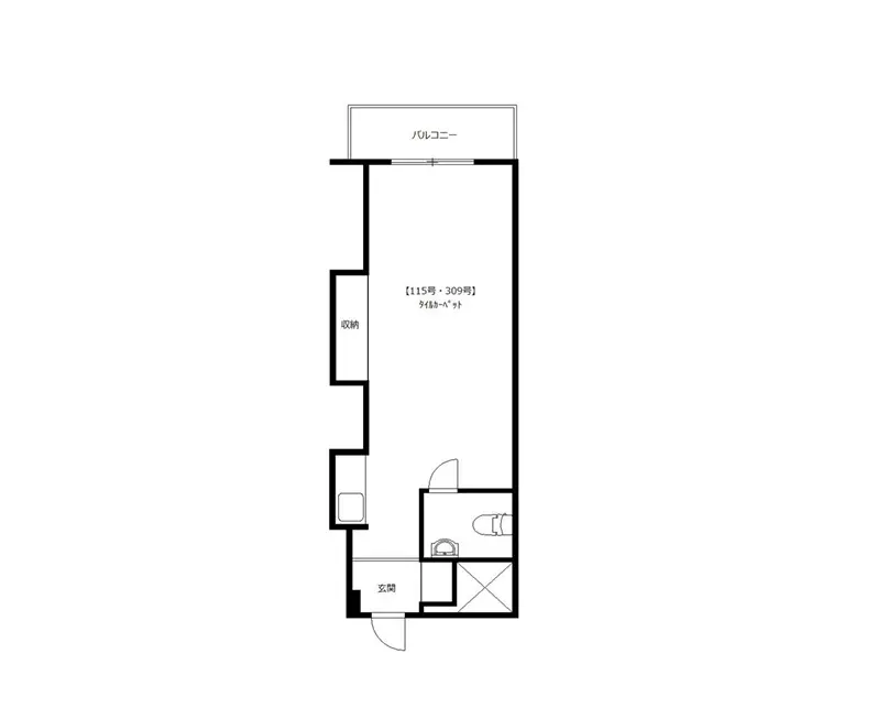 シンプルな一人暮らし向けの間取り図、リビングダイニングとバスルーム、寝室が配置されたコンパクトなデザイン