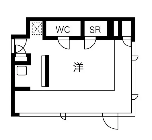 シンプルな間取り図、トイレと収納スペースが確保された居室の設計図