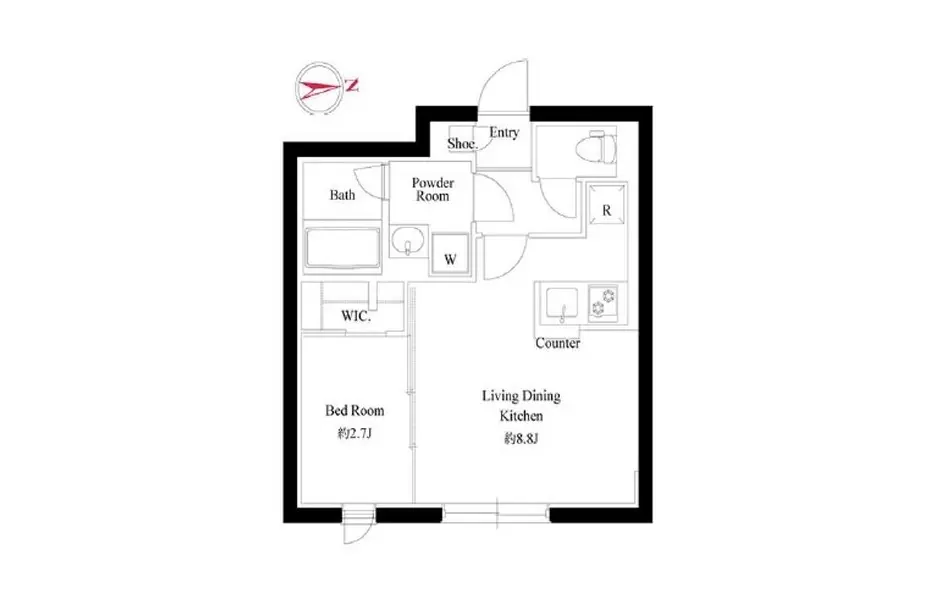 モダンな間取り図、リビングダイニングキッチン、ベッドルーム、バスルームを含む広々としたアパートメントレイアウト