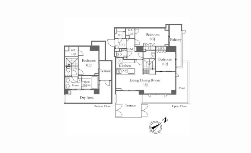 二階建ての家の間取り図、各部屋の広さと配置が記載された詳細な設計図