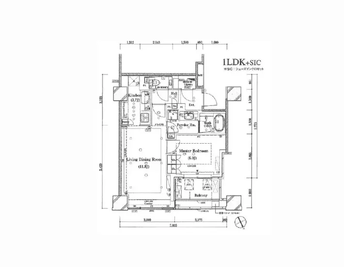 1LDK-SICの間取り図、キッチン、リビングダイニング、マスターベッドルーム、バルコニーを含むデザイン設計図