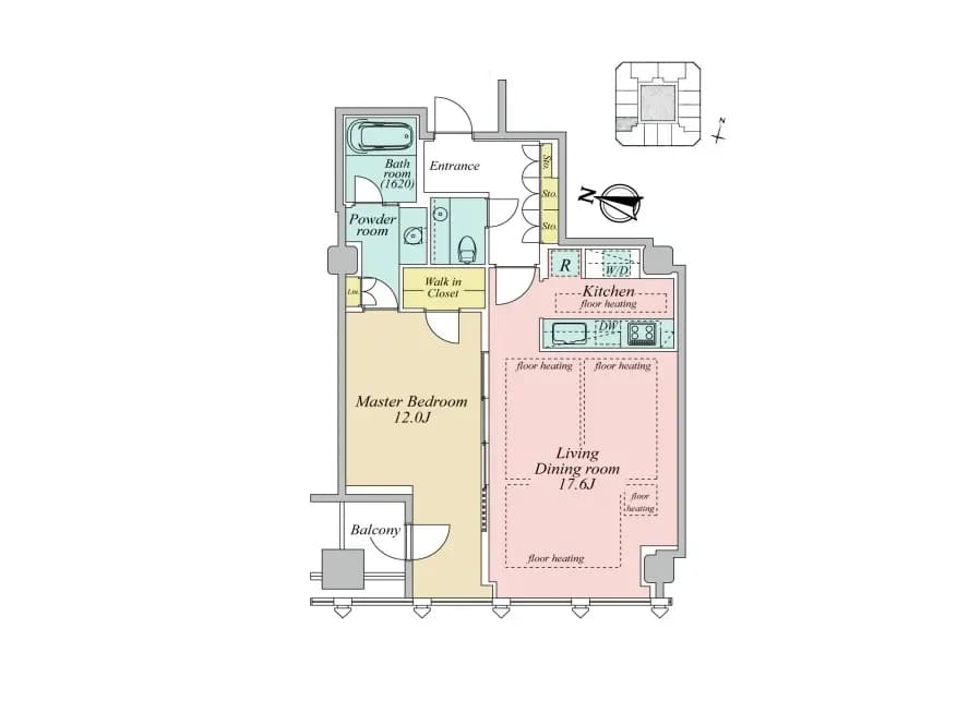 効率的な間取りのマンションプラン、広々としたリビングダイニングと寝室、床暖房完備キッチン