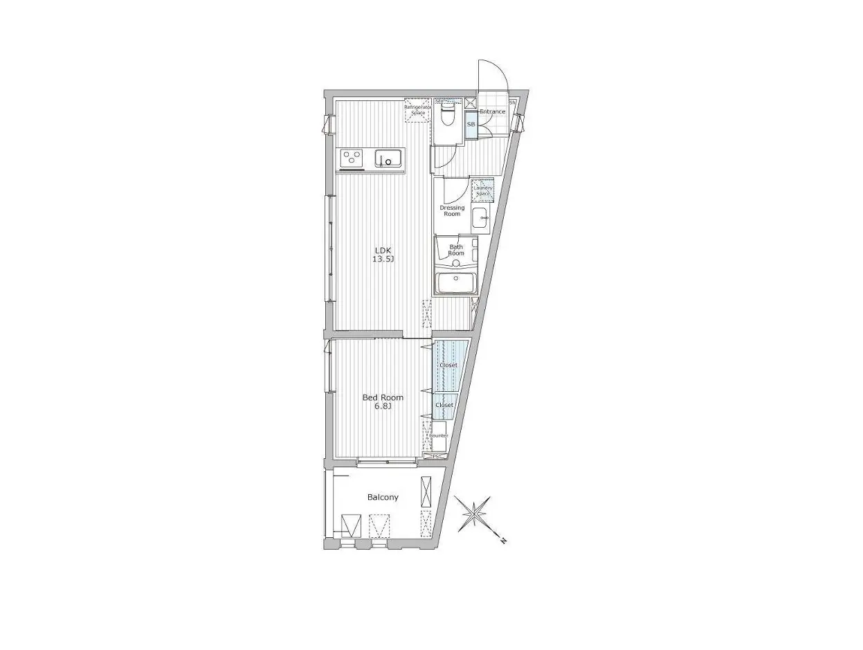 シンプルな間取り図、寝室、リビングダイニングキッチン、バルコニー、お風呂とトイレ別のモダンなアパートデザイン