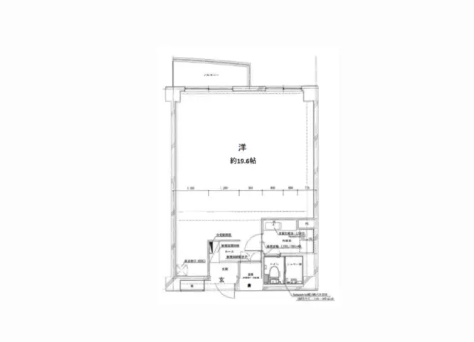住宅の間取り図、19.96平米の洋室とキッチン、バスルーム、収納スペースが含まれているデザイン