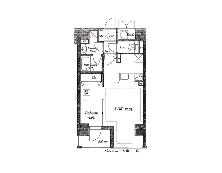注文住宅の間取り図、4LDK、バルコニー付き、南向きの明るいリビングダイニングキッチン