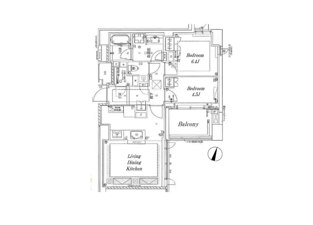 明確な間取り図、リビングダイニングキッチン、二つの寝室、バルコニーが特徴のモダンなアパートメントプラン