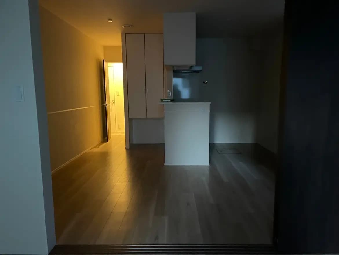 暗い部屋の中から見たモダンキッチン、温かみのある木目調フローリング、シンプルなデザインのキャビネット