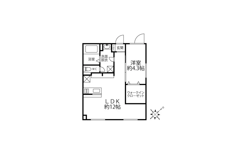 シンプルな間取り図、1LDKのアパートレイアウト、寝室とリビングダイニングキッチンが記載された設計図