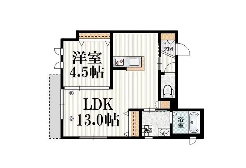 明確な間取り図、2LDK、4.5畳の洋室、13畳のリビングダイニングキッチン、風呂と洗面所が別、収納スペースあり
