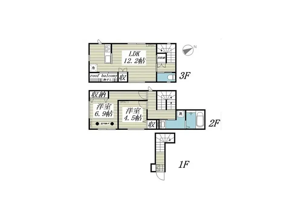 三階建て住宅の間取り図、各階の部屋の用途と広さが記載された設計図