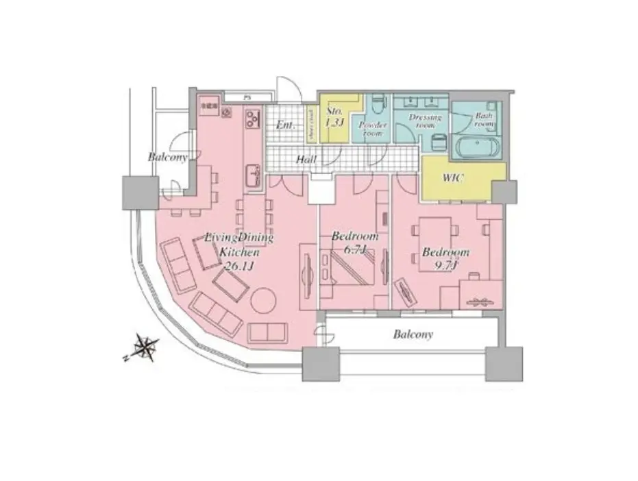 カラフルな図面で示されたモダンなアパートの間取り図、リビングダイニングキッチンと二つのベッドルーム、バルコニー付き