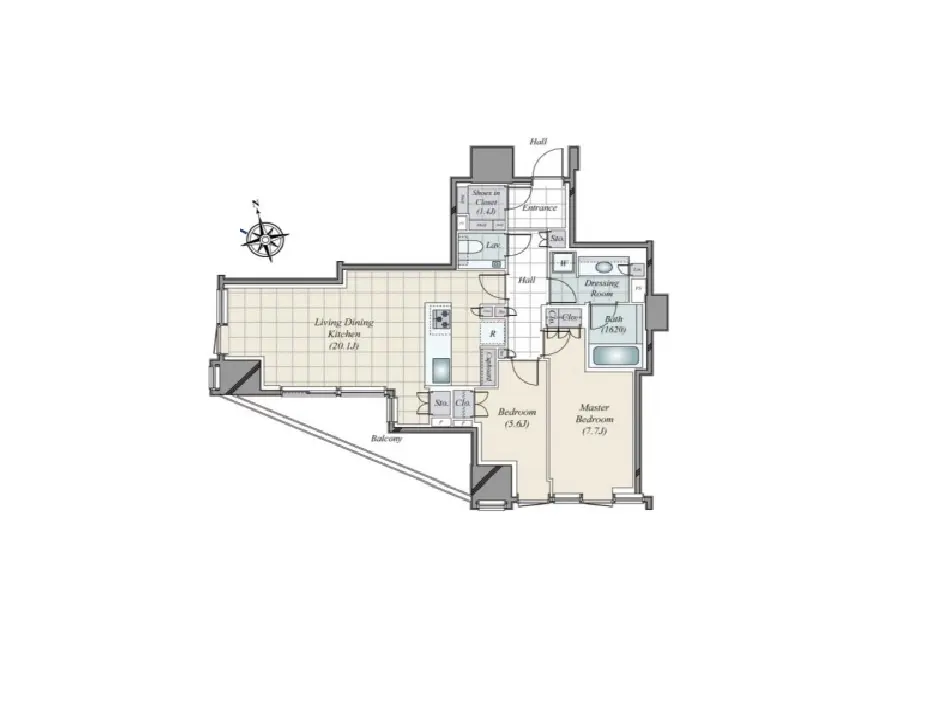 現代的なデザインの住宅平面図、リビングダイニングキッチンやマスターベッドルームが明示された間取り図