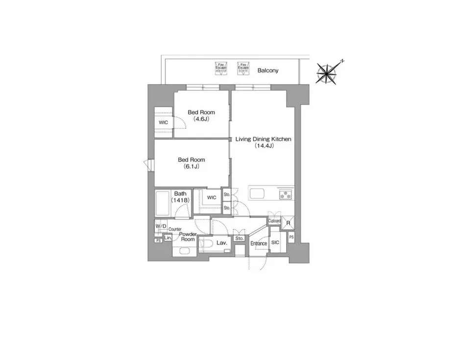 モダンなマンションの間取り図、2LDK、バルコニー付き、浴室とリビングダイニングキッチンを含むデザイン