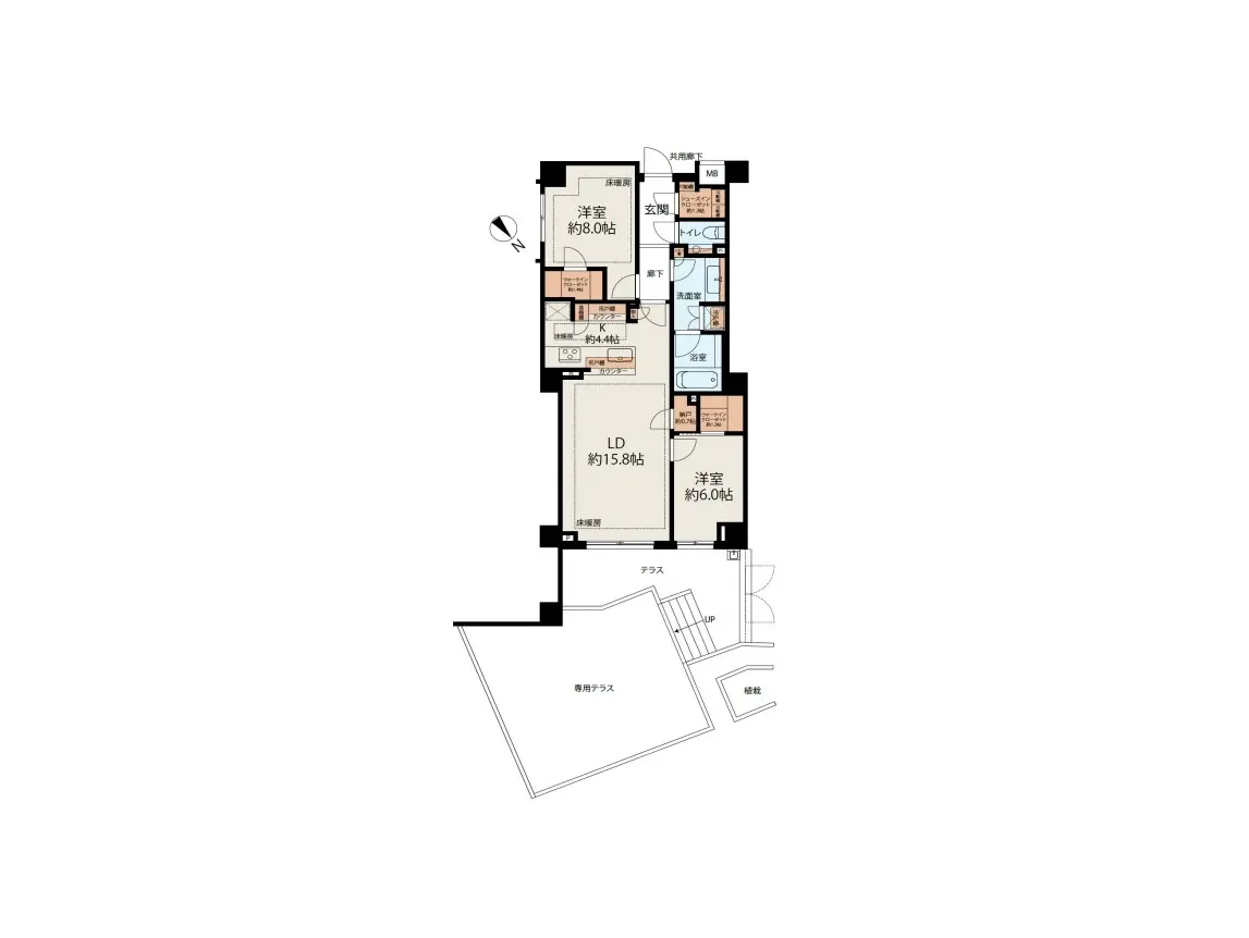 詳細な間取り図、複数の部屋と機能エリアが明記されたモダンな住宅設計