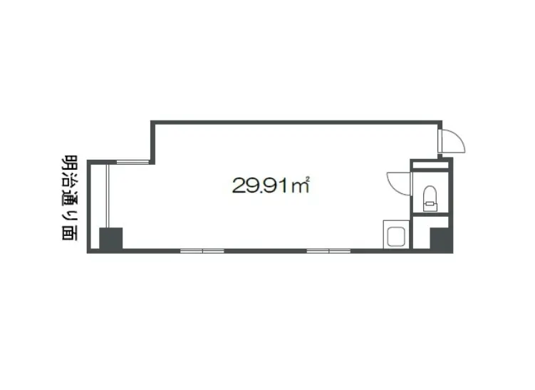 29.91平方メートルのシンプルな間取り図、入口とトイレが示された明確なレイアウト