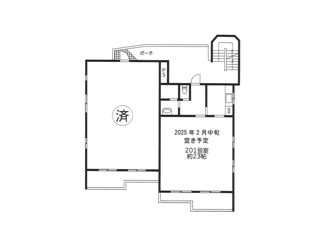 アパートの間取り図、モダンな1LDKの設計図、2025年2月竣工予定の新築物件