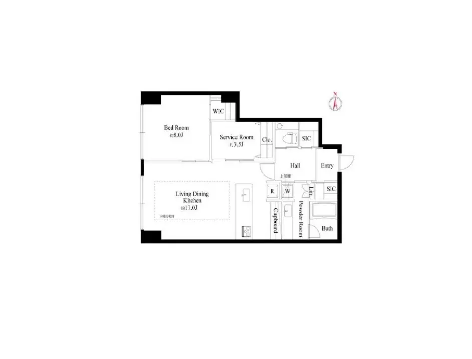 明確な間取り図、リビングダイニングキッチン、ベッドルーム、サービスルーム、バスルームが記載された住宅設計図