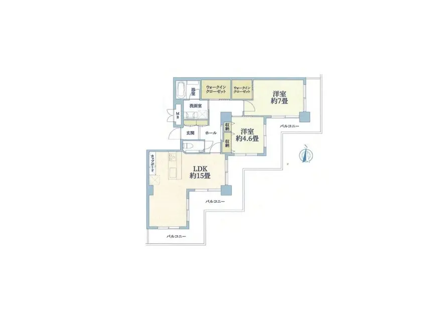 間取り図と各部屋のラベル、LDKと寝室の広さ表記、住宅設計図のサンプル
