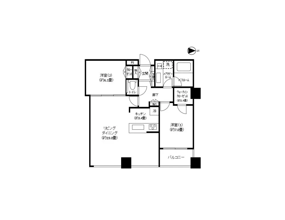 2LDKの間取り図、リビングダイニングキッチンと2つの寝室が特徴のコンパクトな住宅設計図
