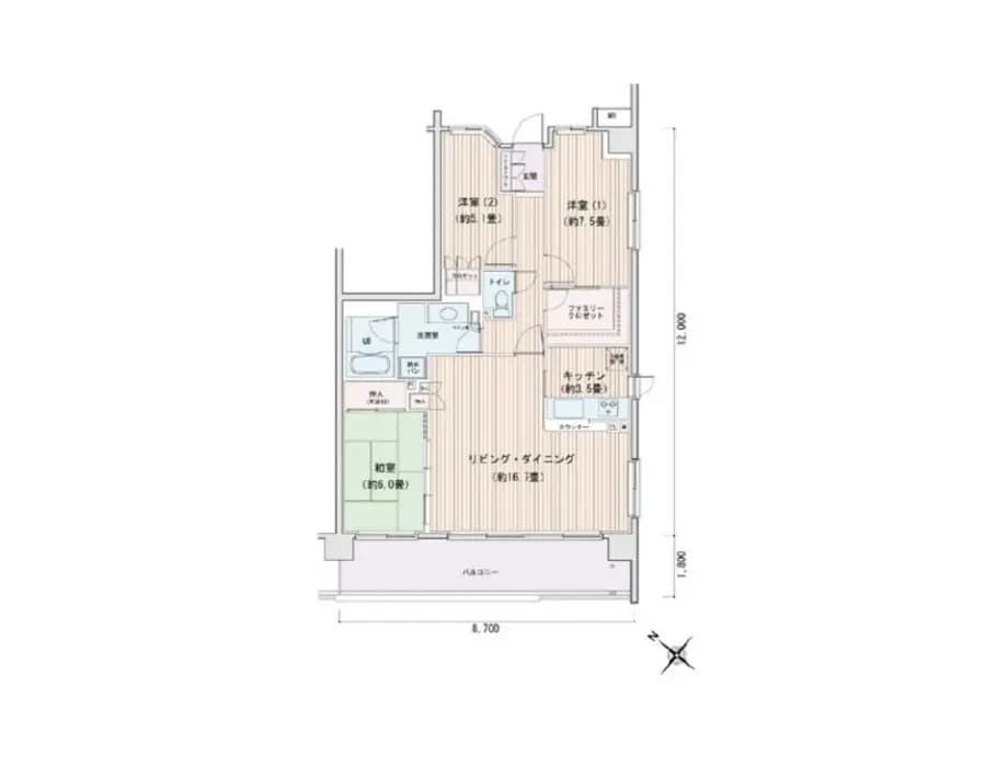 二LDKの間取り図、シンプルなデザインのリビングダイニングと洋室、広々としたバルコニー付き