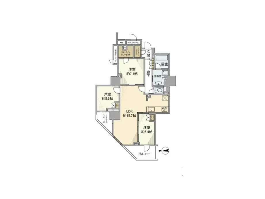 明るい色彩の住宅間取り図、LDKや寝室の広さが記載された家の設計図