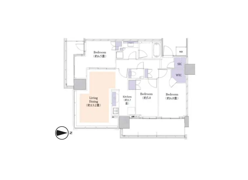 寛げるリビングダイニングと３つのベッドルームがある明確なレイアウトの住宅図面