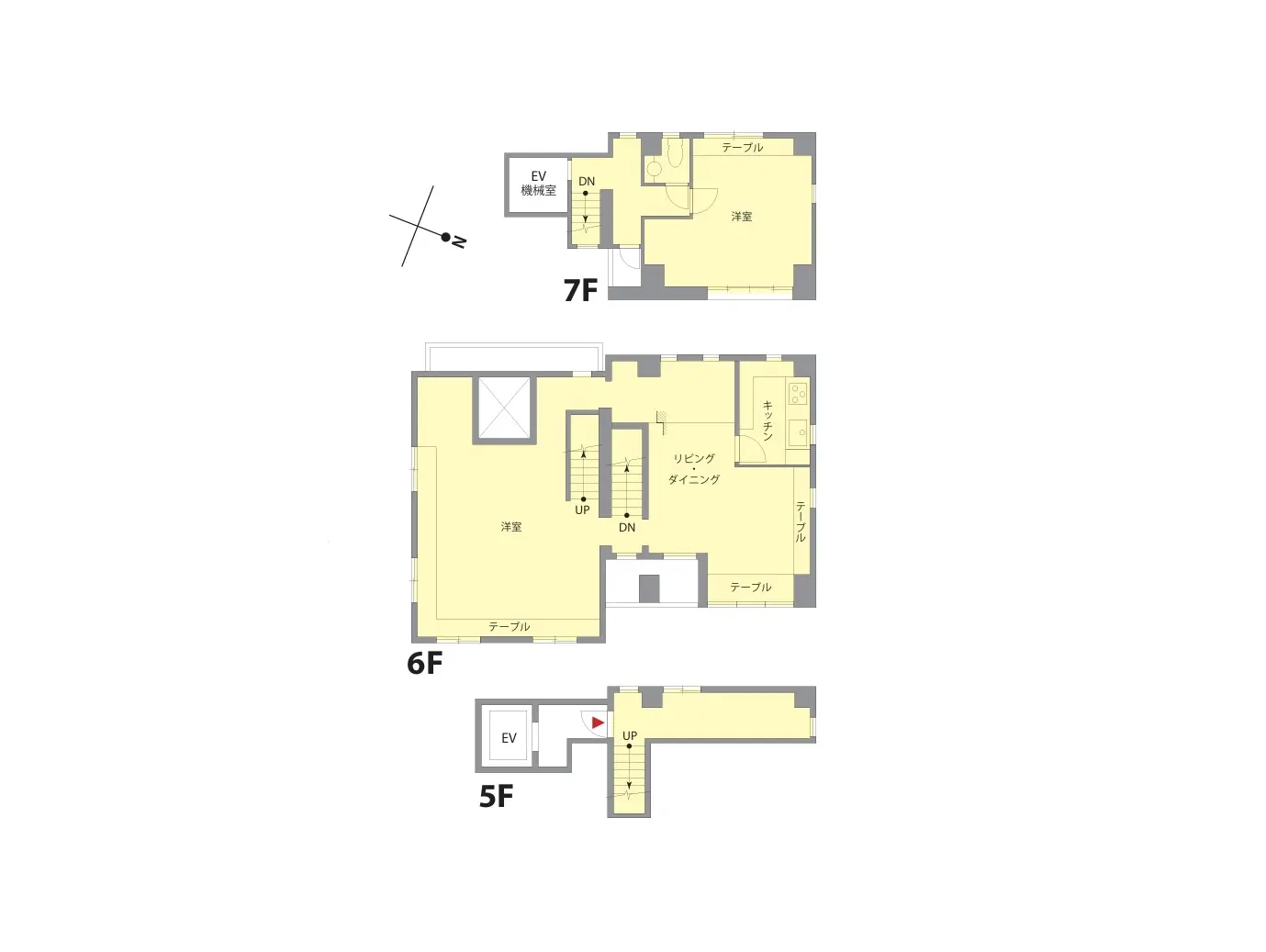 分譲マンションの間取り図、5階から7階までのフロアプラン、主要部屋とエレベーター位置表示