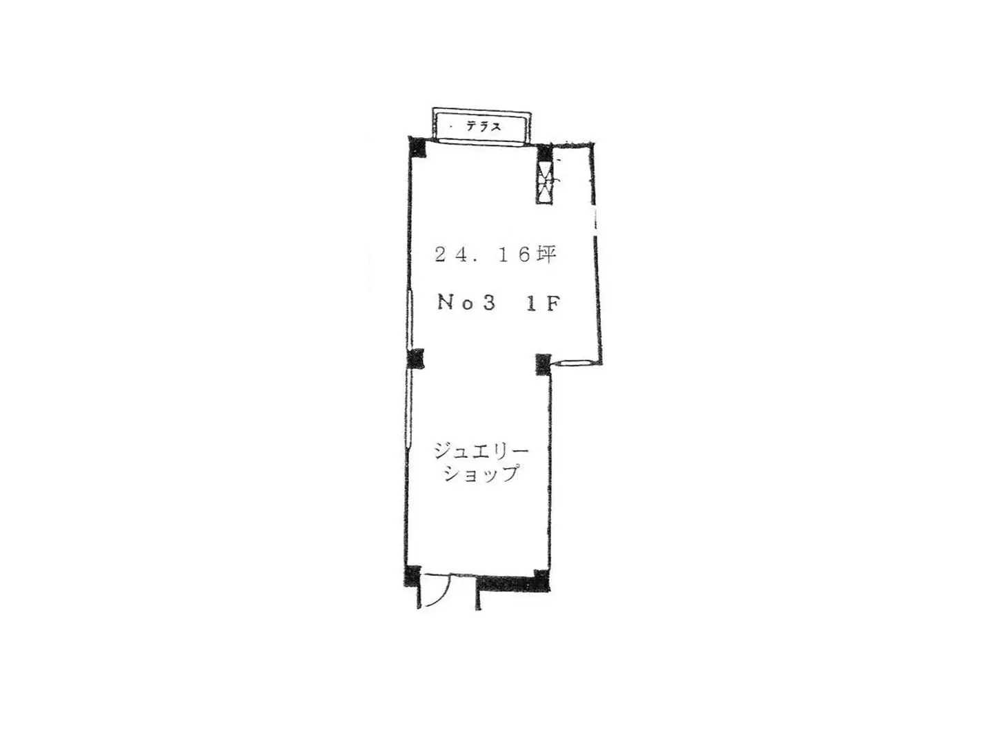 シンプルな間取り図、24.16平米の1階No3アパートメント、キッチンとリビングエリアが記載