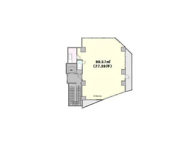 住宅の間取り図、90.57平米の広さを示す、明瞭なラインと部屋の配置が特徴