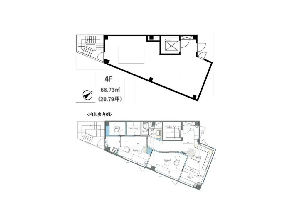 4階部分と詳細な家具配置が示されたマンションの間取り図、68.73平米(20.79坪)の広さを持つ住居設計図