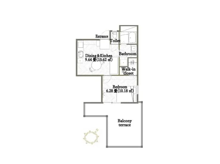 新築マンションの間取り図、一室のダイニングとキッチン、寝室、バルコニーテラス付き