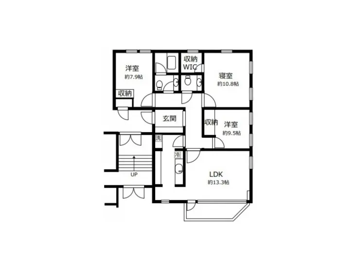 シンプルな配色の平面図、各部屋の用途と広さが記載されたモダンな住宅設計図